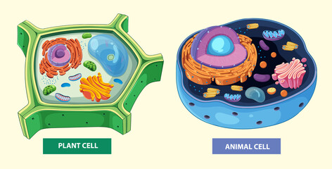 Colorful vector illustration highlighting structural differences between plant and animal cells with labeled organelles