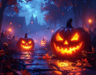 Spooky Halloween scene with glowing jack-o'-lanterns on cobblestone path
