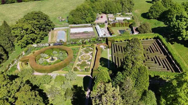 Aerial view of gardens at Cawdor Castle in Nairnshire, Scotland, United Kingdom