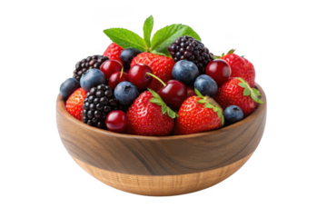 Wooden bowl filled with fresh mixed berries isolated on transparent background