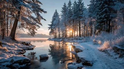 Serene Winter Landscape of Frozen Lake with Trees and Sunlight