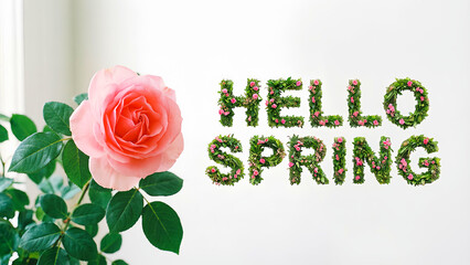 Beautiful fresh pink rose bloom stands beside creative typography spelling out hello spring using vibrant green foliage and small blossoms