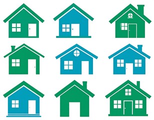 Fototapeta premium Nine colorful house icons in rows, various shapes and sizes