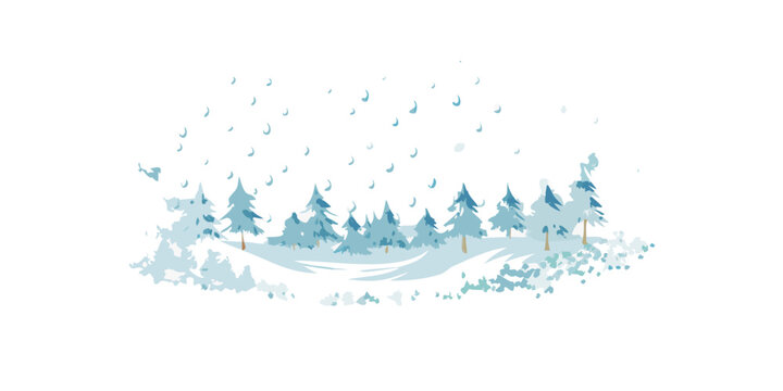Winter forest with flying birds