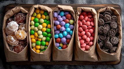 Overhead Still Life Colorful Candy Assortment in Paper Bags Arrangement