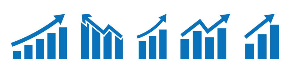 Growth blue icon set. Financial profit blue line and solid icon set. Containing arrow up, growing graph, business chart icons.