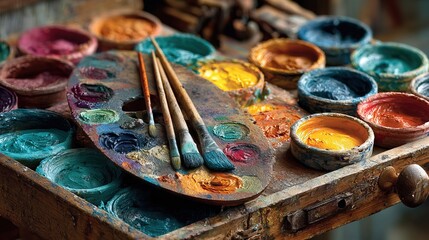 Vibrant Detailed Artist's Palette with Paintbrushes and Colorful Pigment Pots
