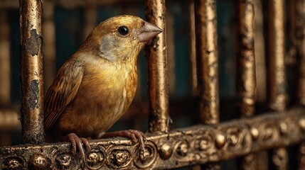 Close Up Artistic Portrait of A Small Golden Finch Perched on Metal Cage