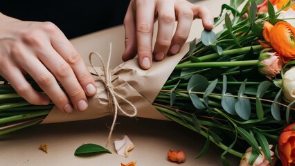 Sustainable Floristry and Craftsmanship. Close-up of Florist Hands Wrapping Fresh Bouquet in Recycled Paper. Authentic Macro Business Photography.