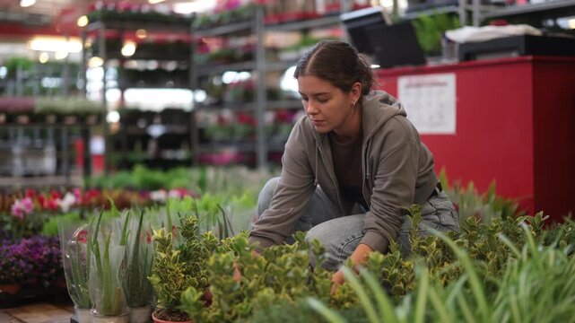 Inspired female florist caring about Euonymus plants during work in shop. High quality 4k footage