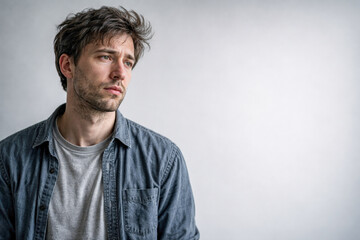 Fototapeta premium Thoughtful man looking away against clean neutral background, soft gray tones expressing emotional distance, mental fatigue, and quiet stress, ideal for psychology content, wellness branding