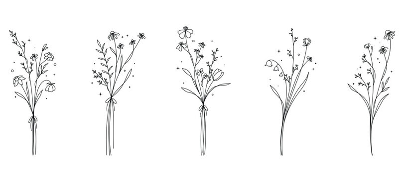 minimal line flower and botanical graphic sketch drawing, trendy tiny tattoo design, floral elements vector illustration
