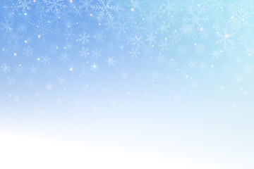Fototapeta premium Snowy winter background with falling snowflakes. Light blue frosty sky with transparent texture. Christmas wallpaper with stars sparkles and white crystals. Vector holiday design
