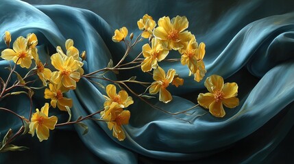 Elegant Oil Painting Style Yellow Cosmos Flower on Silk Drapery Background