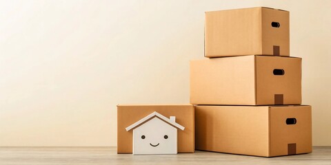 Cardboard moving boxes stacked with a smiling house box, symbolizing relocation and a new beginning