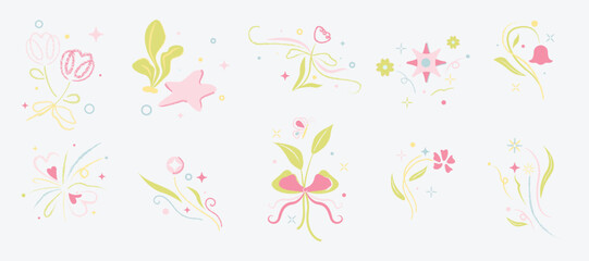 minimal line flower and botanical graphic sketch drawing, trendy tiny tattoo design, floral elements vector illustration
