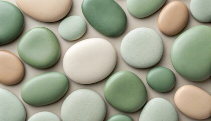 Smooth, organic river stones in soothing green and soft beige tones, forming a peaceful, natural, and minimalist design pattern