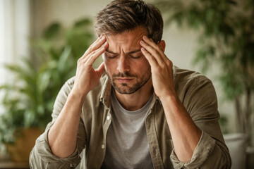 Stressed man pressing temples in calm home setting, soft green and neutral colors showing headache, anxiety, mental pressure, ideal for health education, stress management articles, burnout prevention