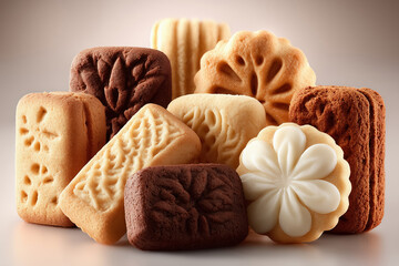 Assorted artisanal cookies: decorative patterns and varied shapes in vanilla and chocolate flavors
