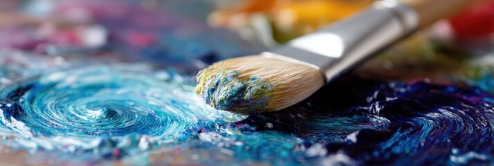 Obraz premium Colorful brush on vibrant palette creating artistic swirls