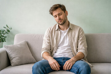 Exhausted man sitting on sofa in calm home interior, soft beige and gray tones conveying emotional burnout, mental fatigue, and low energy, suitable for wellness content, stress recovery themes