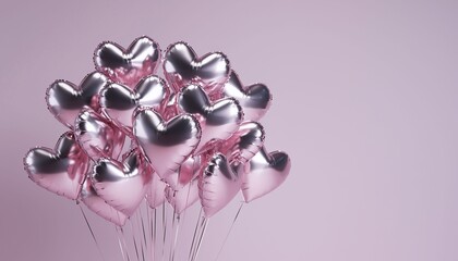 Fototapeta premium Air Balloons of heart shaped foil on pastel pink background. Love concept. Holiday celebration. Valentine's Day or wedding/bachelorette party decoration. Metallic balloon