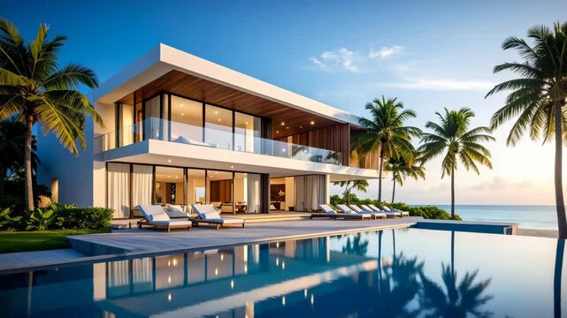 Luxury seaside villa showcasing infinity pool, sundeck with lounge chairs, modern architectural design and palm trees under clear blue sky