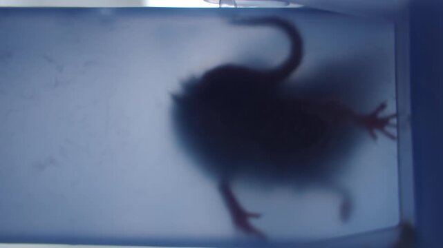 Mouse inside plastic pest control trap. Silhouette of rodent in plastic box. Concept of pest control at home and household hygiene