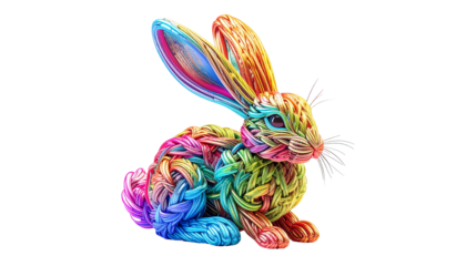 Colorful rabbit crafted from woven rainbow strands, seated