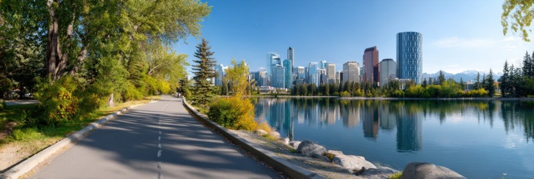 Scenic view of calgary skyline with pathway and river in autumn