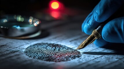 Close-up Detailed Fingerprint Analysis Crime Scene Investigation with Gloved Hand and Pen