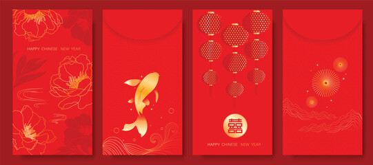 Happy Chinese New Year 2026 hongbao red envelope design vector. Collection of Chinese festival with lantern, koi fish, flower, pattern. Elegant oriental ang pao illustration for greeting card.