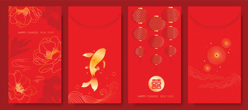Happy Chinese New Year 2026 hongbao red envelope design vector. Collection of Chinese festival with lantern, koi fish, flower, pattern. Elegant oriental ang pao illustration for greeting card.