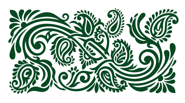 Vector floral Paisley ornament illustration. Indian Rangoli style decorative border with swirling leaves and organic shapes for textile, batik pattern, or wedding invitation.