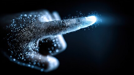 Futuristic Dark Hand Touching Sparkling Light Connection Pointing Technology Concept