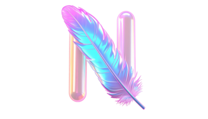 Elegant, iridescent feather resting on a stylized letter "N" over black