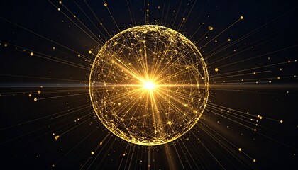 Golden central sphere radiating lines to smaller spheres in dynamic particle network on dark background.
