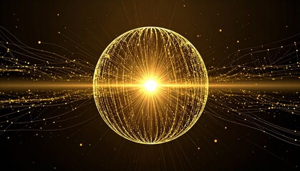 Golden central sphere radiating lines to smaller spheres in dynamic particle network on dark background.
