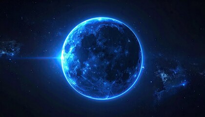 Glowing Blue Digital Planet Or Moon In Outer Space With Stars And Nebula In The Background