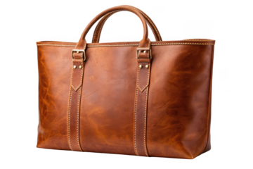 Brown leather tote bag isolated on transparent background