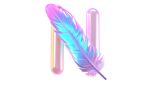 Elegant, iridescent feather resting on a stylized letter "N" over black - Powered by Adobe