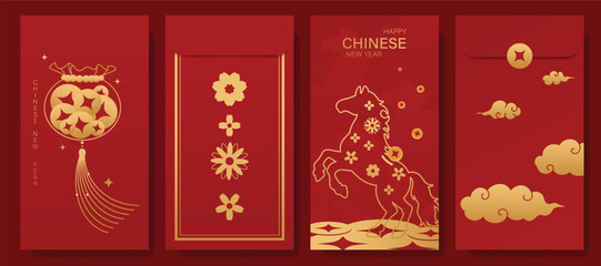 Happy Chinese New Year 2026 hongbao red envelope design vector. Collection of Chinese festival with gold ingot, coin, Year of the horse. Elegant oriental ang pao illustration for greeting card.