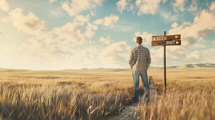 Rear View of Traveler with Backpack Standing on Country Road Looking at Wooden Direction Signpost with Years 2026 and 2027 Representing Future Planning and Life Choice