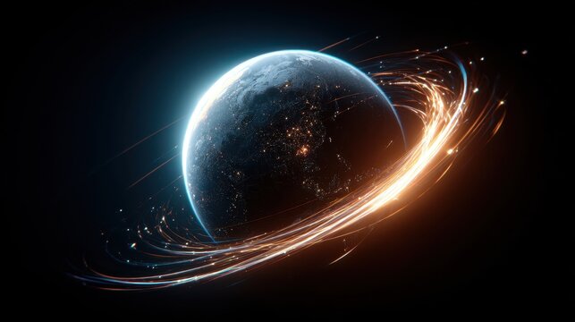 Earth with glowing light trails representing global communication and data network in space - Powered by Adobe
