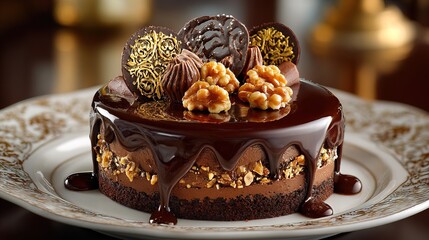 Decadent Gourmet Chocolate Cake with Walnuts and Chocolate Decoration