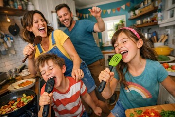 Happy Family with Children Singing and Dancing Together in the Kitchen While Cooking. Parents and Kids Having Fun Using Kitchen Utensils as Microphones During a Playful Domestic Activity at Home.