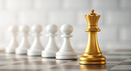 Golden chess queen leading a line of white pawns on a chessboard