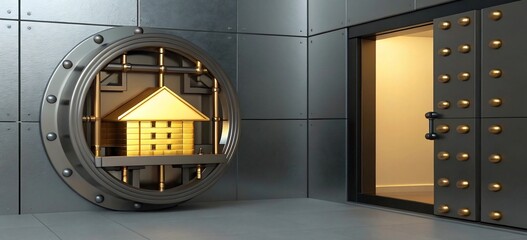 Secure Bank Vault with Golden House Icon Symbolizing Property Protection and Financial Safety
