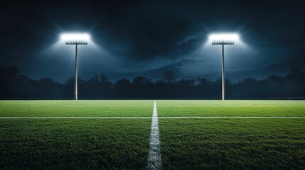 floodlights. Football stadium illuminated by floodlights under the dramatic hues of dusk. event key visuals, club posters, designed for fitness apps and gym onboarding, drives event promotion.
