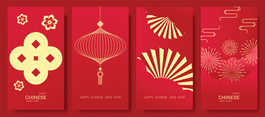 Happy Chinese New Year 2026 hongbao red envelope design vector. Collection of Chinese festival with firework, lantern, flower, coin, fans. Elegant oriental angpao illustration for greeting card.